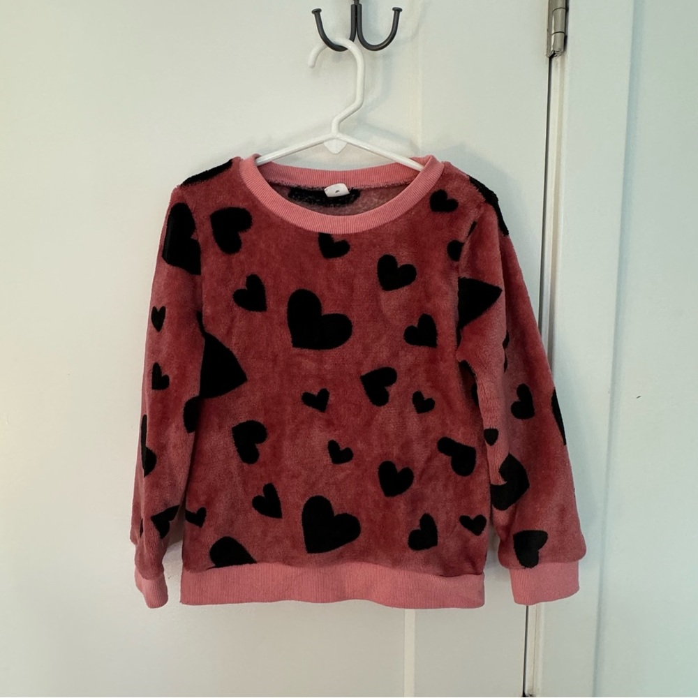 SHEIN girls size 6 fleece sweater mauve pink with black hearts